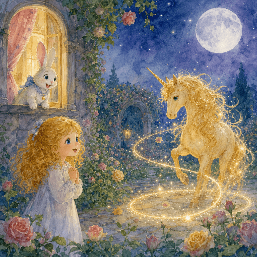 Léa et la licorne dorée dans le jardin sous la lune